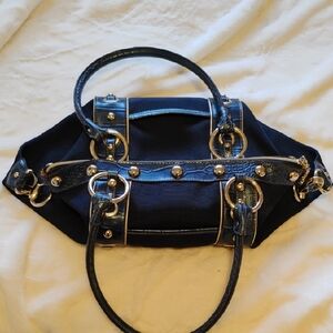Kathy Van Zeeland Blue Satchel with Gold-Tone Hardware